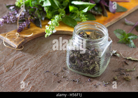 Verde e viola di basilico fresco e basilico essiccato in una pentola su un sfondo di pietra Foto Stock