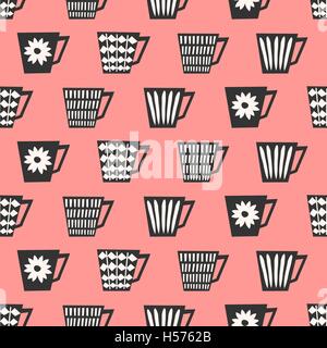 A metà secolo e in stile perfetta sequenza di ripetizione con tazze da caffè in bianco e nero e crema su sfondo rosa. Illustrazione Vettoriale