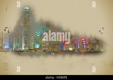 Isola di Hong Kong con scyscrapes illuminata di notte Foto Stock