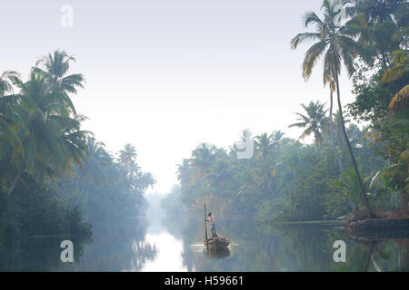 Un pescatore locale sterline la sua piccola barca attraverso il Kerala backwaters vicino Koch nell India meridionale all'alba Foto Stock