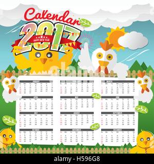 2017 Calendario inizia domenica pollo in foresta illustrazione vettoriale Illustrazione Vettoriale