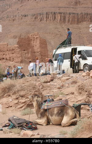 Le guide locali scaricano le forniture provenienti da un minibus nelle montagne del sud del Marocco all'inizio del deserto del Sahara camel trek Foto Stock