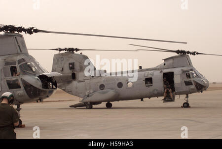 19th Ottobre 2003 U.S. Marine Corps CH-46E Sea Knight elicotteri all'aeroporto di Bassora nel sud dell'Iraq. Foto Stock
