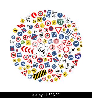 Cartelli stradali disposti in cerchio isolato su bianco Illustrazione Vettoriale