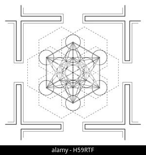 Vector contour design monocromatico mandala geometria sacra immagine metatron cube esagoni isolato sfondo bianco Illustrazione Vettoriale