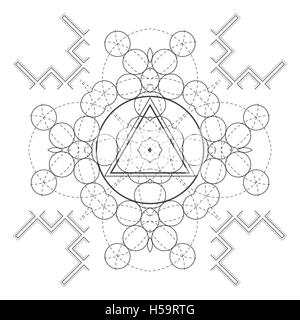 Vector contour design monocromatico mandala geometria sacra immagine triangolo isolato sfondo bianco Illustrazione Vettoriale