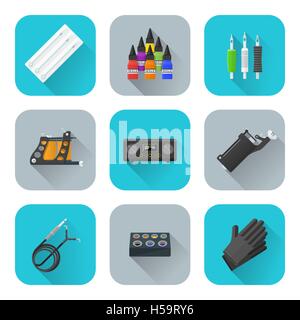 Vettore stile piatta color design vari strumenti per tatuaggio aghi attrezzature inchiostri vernice afferra i tubi macchina bobina dispositivo di alimentazione r Illustrazione Vettoriale