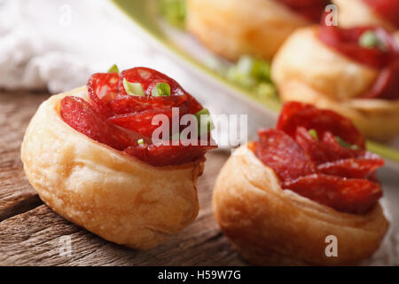 Sfornati con salame in forma di rose su un tavolo macro. orizzontale Foto Stock