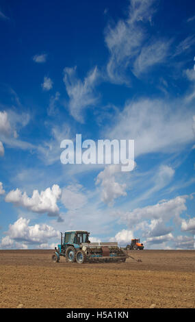 La semina del trattore sul campo con la seminatrice in una giornata di sole Foto Stock