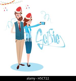 Business donna e uomo prendendo Selfie foto su Smart Phone usura Santa Hat nuovo anno celebrazione Illustrazione Vettoriale