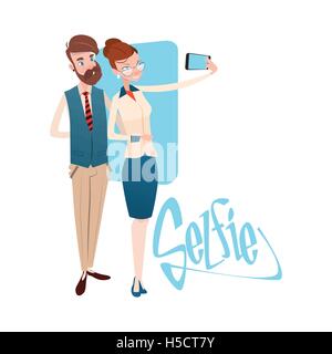 La gente di affari giovane uomo donna prendendo Selfie foto su Smart Phone Illustrazione Vettoriale