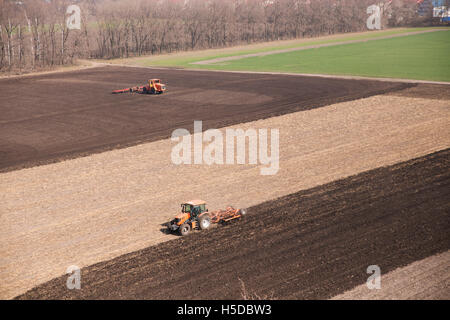 Aratri trattore un campo in primavera accompagnato da rooks Foto Stock