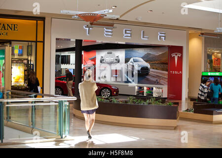 Marzo 18, 2014 - Mission Viejo, California, Stati Uniti - Modello di Tesla S in Mission Viejo mall showroom. Sotto una nuova legge, Tesla Motors non è in grado di vendere automobili direttamente ai consumatori in New Jersey effettiva aprile 1. Tesla ha nessun esistenti i concessionari in franchising con cui le sue vendite di fabbrica competere e Tesla afferma che si tratta di vendere qualcosa di talmente unica che tutto un altro modello di vendita è necessario. Attualmente il New Jersey, Arizona, Maryland, Texas e Virginia vietare la vendita diretta di Tesla auto per i consumatori. La maggior parte delle nuove vendite di automobili negli Stati Uniti vai attraverso conduzione indipendente concessionarie. Il CEO di Tesla elo Foto Stock