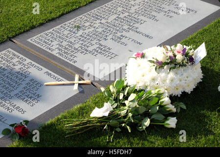 Aberfan, Galles - Venerdi 21 Ottobre 2016 - omaggi floreali al cimitero di Aberfan in occasione del cinquantesimo anniversario della terribile tragedia che ha avuto luogo il 21 ottobre 1966. 144 persone di cui 116 bambini sono stati uccisi quando una montagna di rifiuti di carbone scivolato giù nel villaggio e la scuola. Credito: Steven Maggio/Alamy Live News Foto Stock