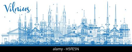 Profilo dello Skyline di Vilnius con punti di riferimento di colore blu. Illustrazione Vettoriale. Viaggi di affari e di turismo con il concetto di architettura storica Illustrazione Vettoriale