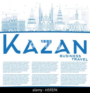 Profilo dello Skyline di Kazan con edifici blu e copia di spazio. Illustrazione Vettoriale. Viaggi di affari e turismo Concept Illustrazione Vettoriale