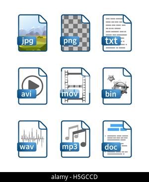 Semplice blu brillante le icone dei file con estensioni isolato su bianco Illustrazione Vettoriale