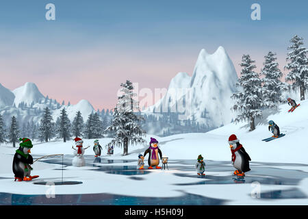 Pinguini su un lago ghiacciato in un innevato paesaggio di montagna. Una rappresentazione in 3d. Foto Stock