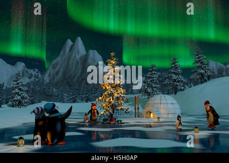 I pinguini sotto le luci del nord su un lago ghiacciato in un Natale innevato paesaggio montano. Una rappresentazione in 3d. Foto Stock