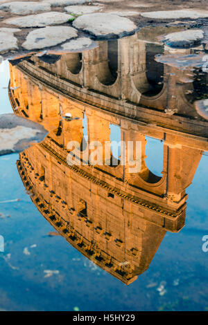 Colosseum or Coliseum reflected in a puddle at sunset, Rome, Lazio, Italy Foto Stock