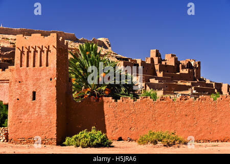 Ait Benhaddou, antica fortificazione, composta di sei forti (Casbah) vicino alla città di Warzazat, Marocco Foto Stock