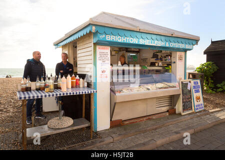 Molluschi e crostacei e Oyster Bar di stallo di frutti di mare, sul lungomare di Brighton, Brighton East Sussex England Regno Unito Foto Stock
