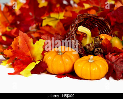 Due mini zucche con finti arancione, rosso e giallo di foglie e di un corno di abbondanza isolato su bianco Foto Stock