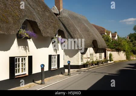 Regno Unito, Inghilterra, Wiltshire, Salisbury Plain, Enford, idilliaco cottage con il tetto di paglia di fianco alla strada Foto Stock