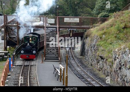 Locomotiva a vapore Linda a Tan y Bwlch stazione sul Ffestiniog e Welsh Highland ferrovia a scartamento ridotto Maentwrog Gwynedd Foto Stock