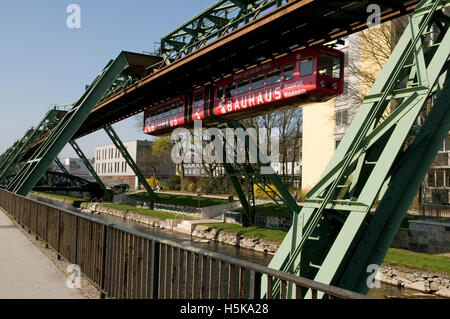 Schwebebahn, monorotaia sospesa sopra il fiume Wupper, Wuppertal, Bergisches Land, Renania settentrionale-Vestfalia Foto Stock