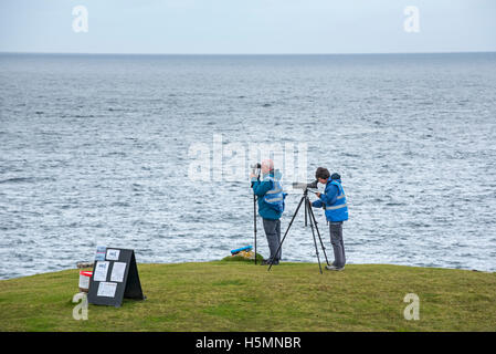 Whale and Dolphin watchers cercando gli animali marini a testa Stoer / Stoerhead, Sutherland, Highlands scozzesi, Scozia Foto Stock