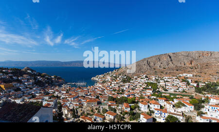 Vista superiore, panorama dell'isola di Hydra, Grecia. Foto Stock