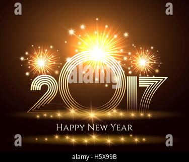 Felice Anno Nuovo colorato biglietto di auguri, poster, un banner o un invito. Numero del prossimo anno contro festosi fuochi d'artificio. Vector Illus Illustrazione Vettoriale