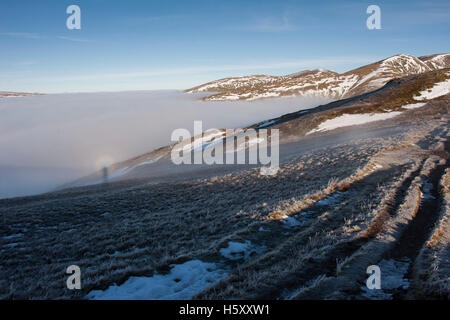 Un Brocken Spectre viene visualizzata in corrispondenza del lato del percorso di avvicinamento grande Rigg, vicino a Fairfield nel distretto del lago. Foto Stock