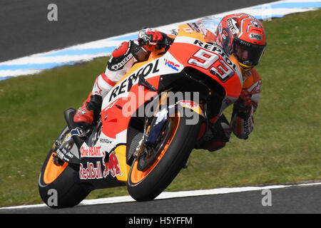 Circuito australiano di Phillip Island. 22 ottobre, 2016. Marc Marquez della Spagna e del Repsol Honda Team in azione durante le qualifiche per il 2016 MotoGP di Australia a Phillip Island Grand Prix Circuit il 22 ottobre 2016 nel circuito australiano di Phillip Island. Credito: marco iorio/Alamy Live News Foto Stock