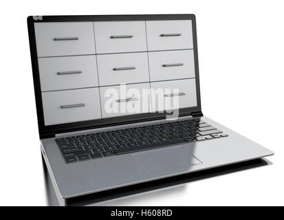 3D renderer immagine. Cabinet File nella schermata del laptop. Isolato sullo sfondo bianco. Foto Stock