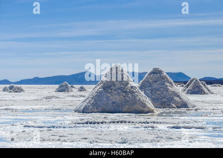 Pile di sale nel Salar de Uyuni, la più grande distesa di sale nel mondo, Bolivia Foto Stock