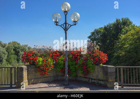 Luci della città e fioriere, Lauffen am Neckar, Baden-Württemberg, Germania. Foto Stock