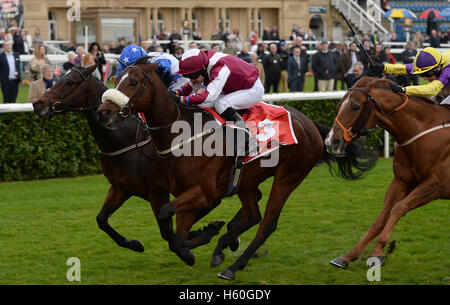 Soie D'Leau cavalcato da Tony Hamilton (centro) battiti Tithonus cavalcato da Killian Leonard (sinistra) a vincere il sunbets.co.uk Prezzo Top Templegate suggerimenti picchetti di Handicap durante il Racing Post Trophy giorno a Doncaster Racecourse. Foto Stock