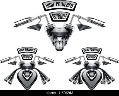 Ad alta potenza concetto motociclistico con giganteschi scarichi delle prestazioni su sfondo bianco. 3d illustrazione vettoriale. Illustrazione Vettoriale