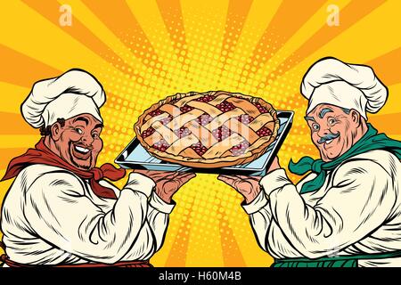 Multi-etnico chef con torta di frutti di bosco Illustrazione Vettoriale