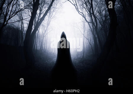 Scary ammantata figura in dark Scary Halloween foresta paesaggio Foto Stock