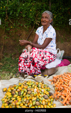 Donna verdure di vendita nel mercato, Ella, Sri Lanka Foto Stock