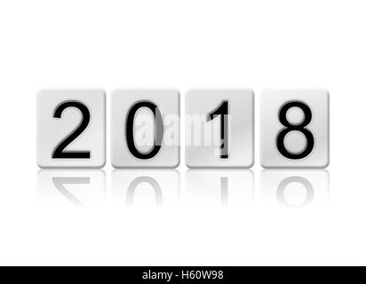 La parola '2018' scritto in lettere di piastrella isolato su uno sfondo bianco. Foto Stock