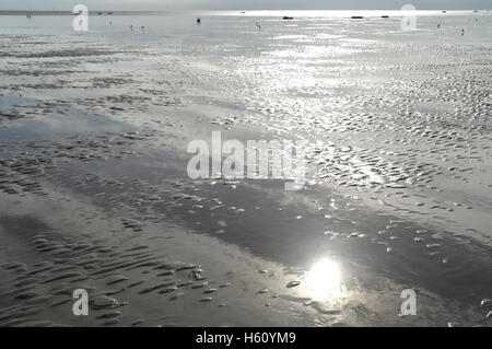 Nel pomeriggio, vista guardando verso sud, sun riflette nella distesa di bassa marea la spiaggia bagnata sabbia, Fairhaven, Lytham St Annes, costa di Fylde, Regno Unito Foto Stock