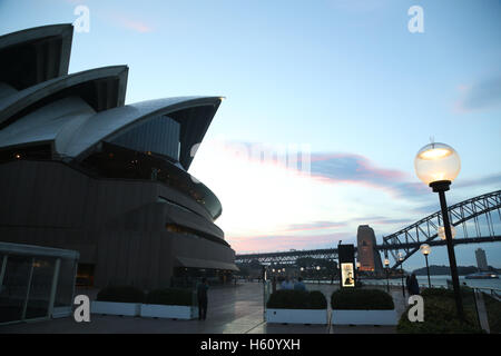 Vista posteriore della Opera House di Sydney al tramonto. Foto Stock