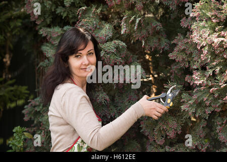 Donna di mezza età lavora in giardino Foto Stock