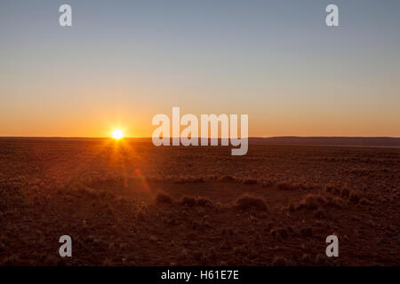 Tramonto dietro il grande cerchio fiabesco in Namib-Naukluft National Park, Namibia Foto Stock