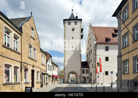 Torre superiore, Bamberger Tor, gate, fortificazione medievale, ad Hassfurt, bassa Franconia, Baviera, Germania Foto Stock