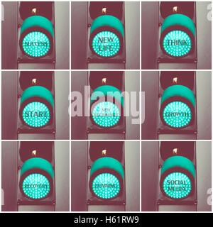 Photo collage con concetto messaggi scritti su verde semaforo Foto Stock